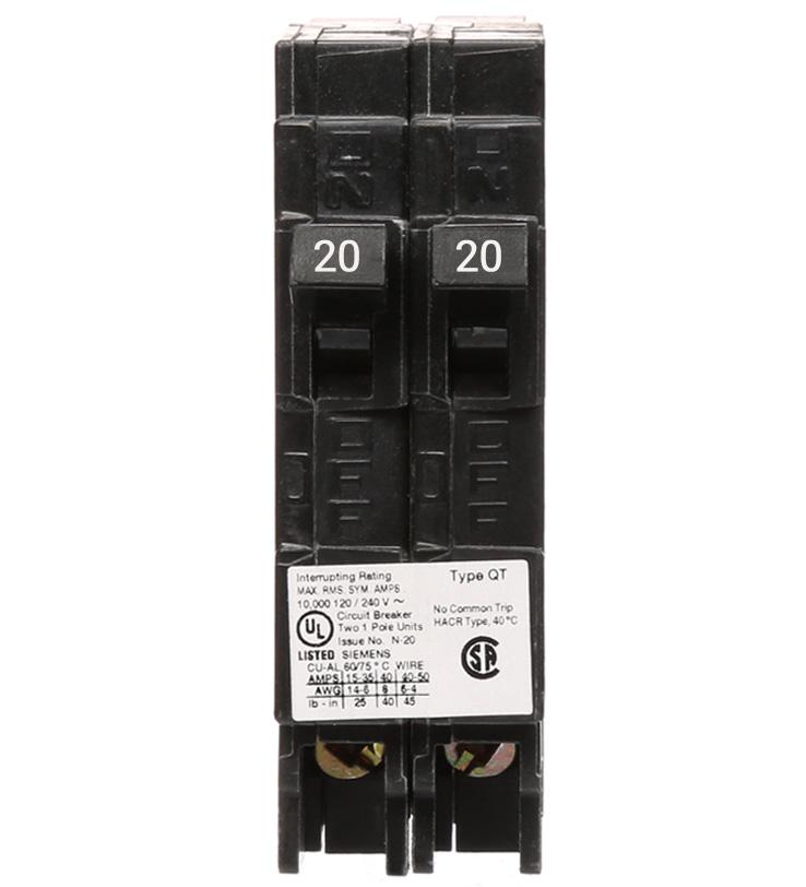 Siemens Q2020 Circuit Breaker | 120/240V 20A 2P 10kA@240V Plug-In Q Series