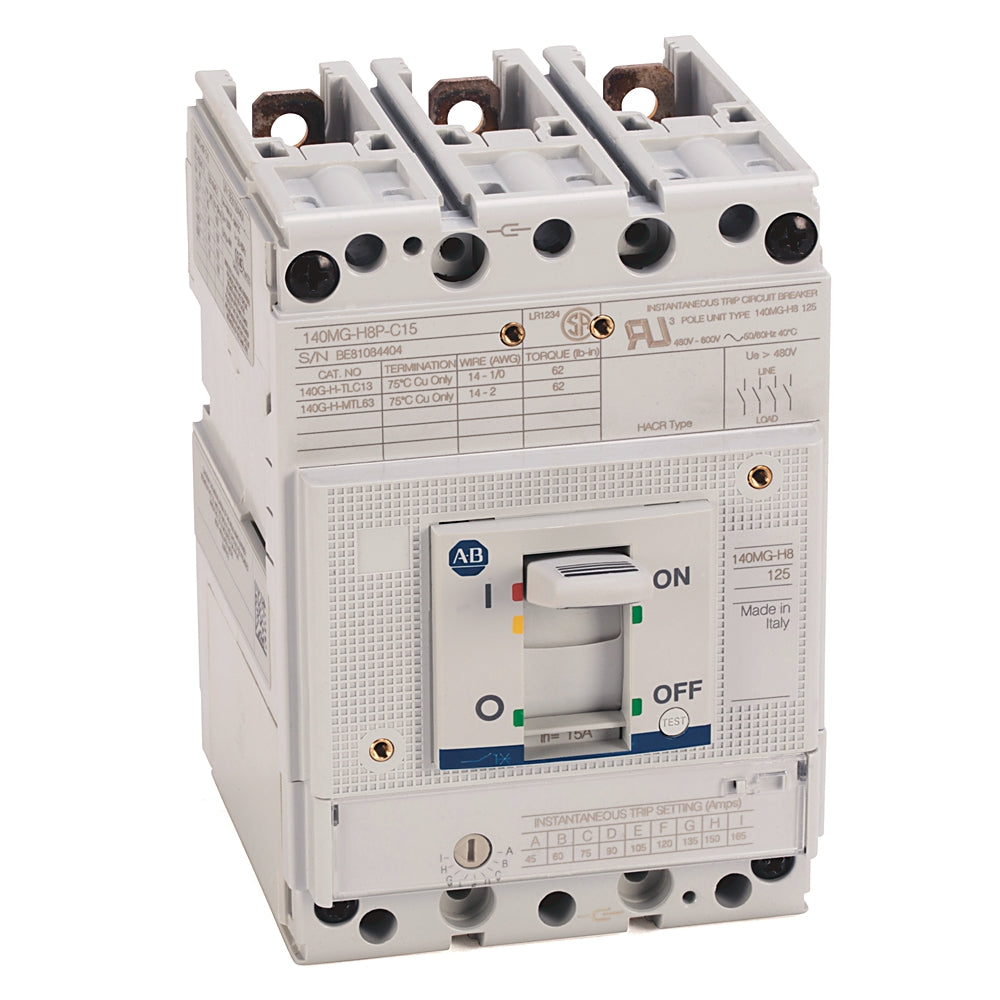 Allen-Bradley 140MG-H8P-C15 Circuit Breaker | 600V 15A 3P 65kA@480V Bolt-On Bulletin 140G