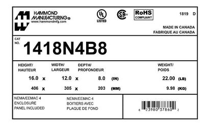 Hammond 1418N4B8 Circuit Breaker Enclosure | 16" X 12" X 8" 25 lb UL 508A Type 3R 12 4 CSA Type 3R 12 4 NEMA Type 3R 4 12 13 IEC 60529 IP66