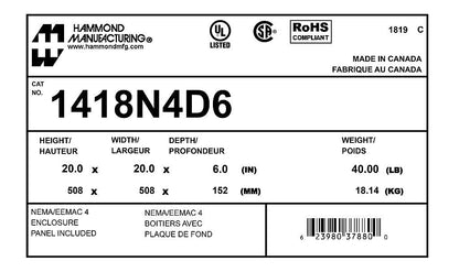 Hammond 1418N4D6 Circuit Breaker Enclosure | 20"x 20"x 8" 25 lb UL 508A Type 3R 12 4 CSA Type 3R 12 4 NEMA Type 3R 4 12 13 IEC 60529 IP66