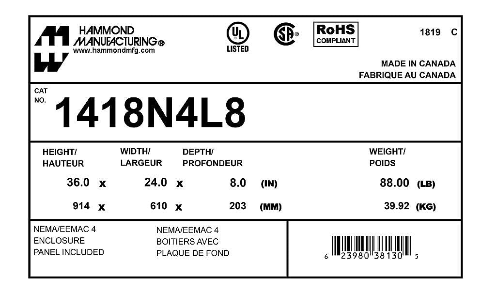 Hammond 1418N4L8 Circuit Breaker Enclosure | 36" x 24" x 8" 88 lb UL 508A Type 3R 12 4 CSA Type 3R 12 4 NEMA Type 3R 4 12 13 IEC 60529 IP66