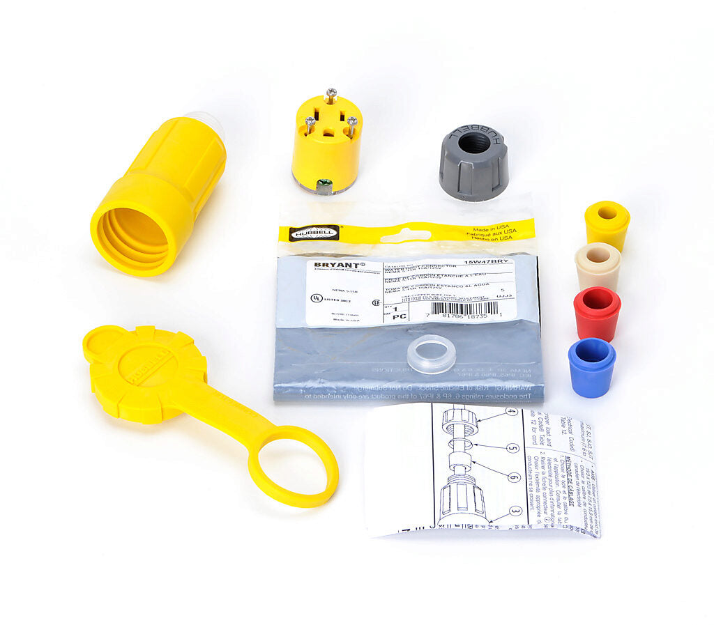 Bryant 15W47BRY Water Tight Connector | 15A 125V 5-15R 2P3W Yellow Thermoplastic BRY