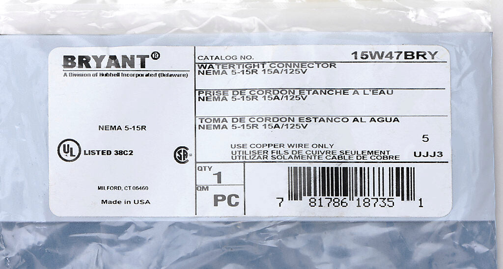 Bryant 15W47BRY Water Tight Connector | 15A 125V 5-15R 2P3W Yellow Thermoplastic BRY