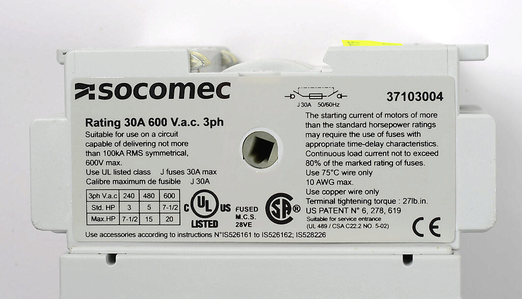 Socomec 37103004 Disconnect Switch | 600V 30A 3P Fusible J Class PLP