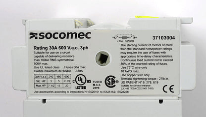 Socomec 37103004 Disconnect Switch | 600V 30A 3P Fusible J Class PLP