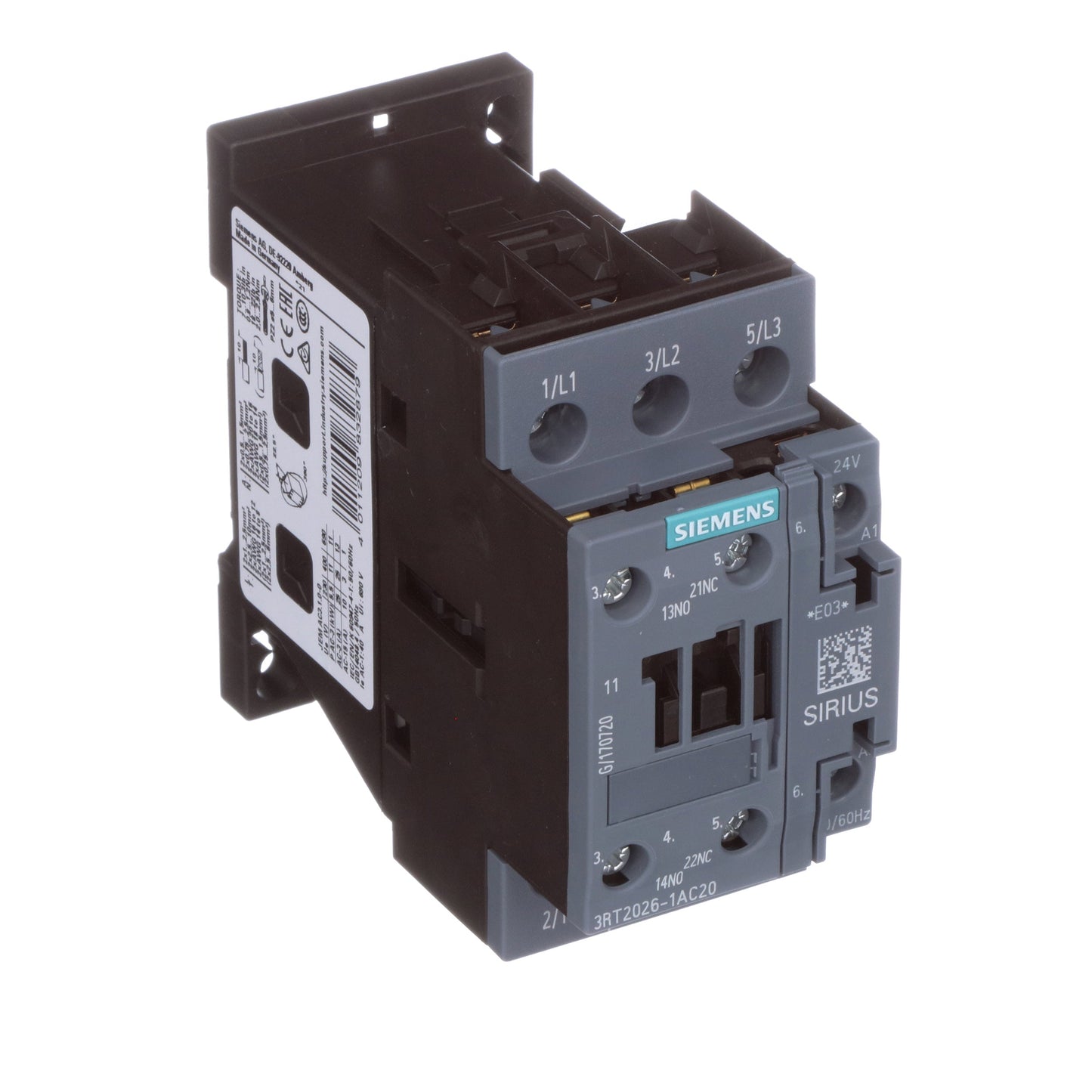 Siemens 3RT20261AC20 Contactors | 25A 11kW 3P 24V AC 1NO+1NC