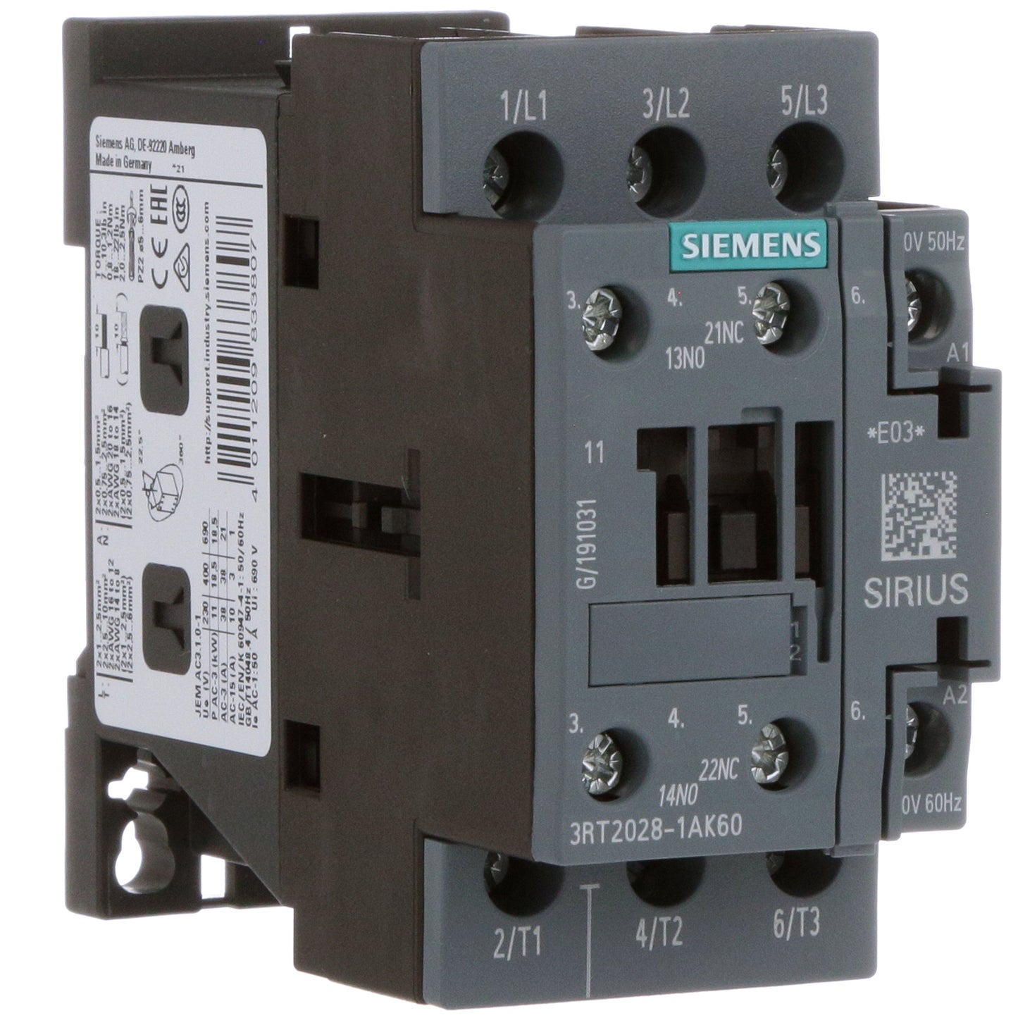Siemens 3RT20281AK60 Contactor | 38 A 18.5 kW 400 V 3RT2