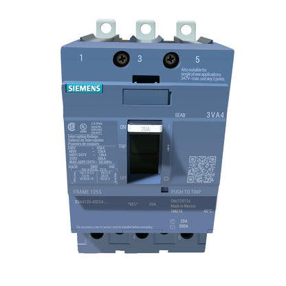 Siemens 3VA4120-4ED34-0AA0 Circuit Breaker | 600V 20A 3P 25kA@480V Bolt-On 3VA