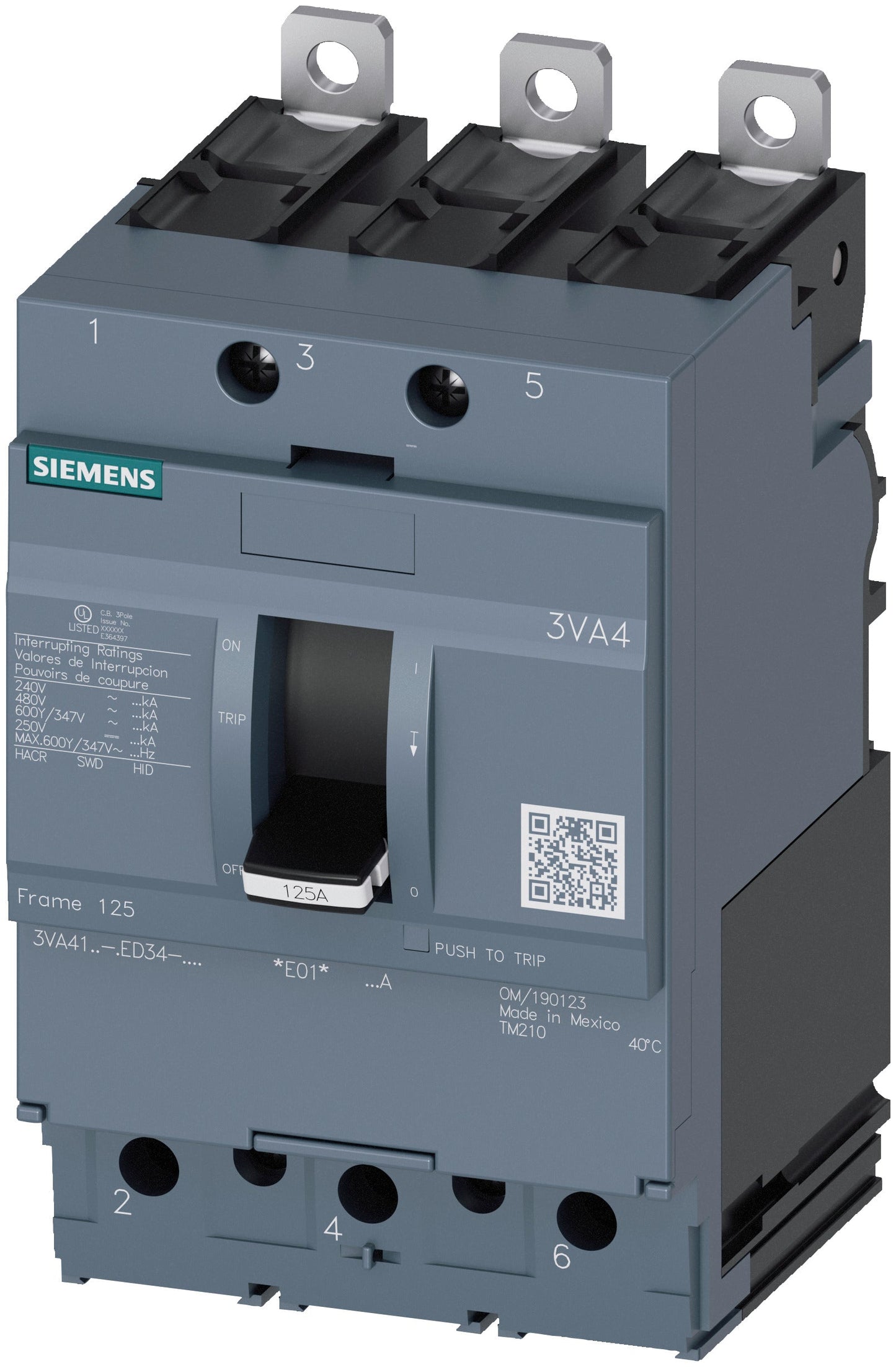 Siemens 3VA4160-6ED34-0AA0 Circuit Breaker | 600V 60A 3P 65kA@480V Bolt-On 3VA
