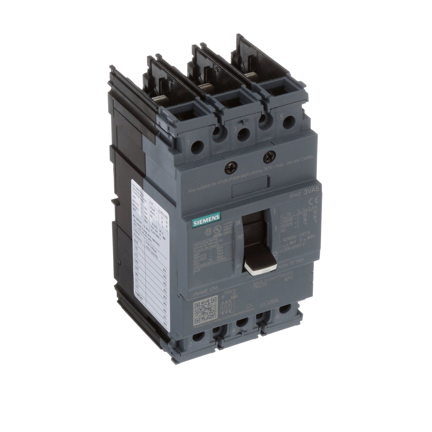 Siemens 3VA51124ED310AA0 Molded Case Circuit Breaker 3-Pole 125A 14kAIC Low Voltage 3VA