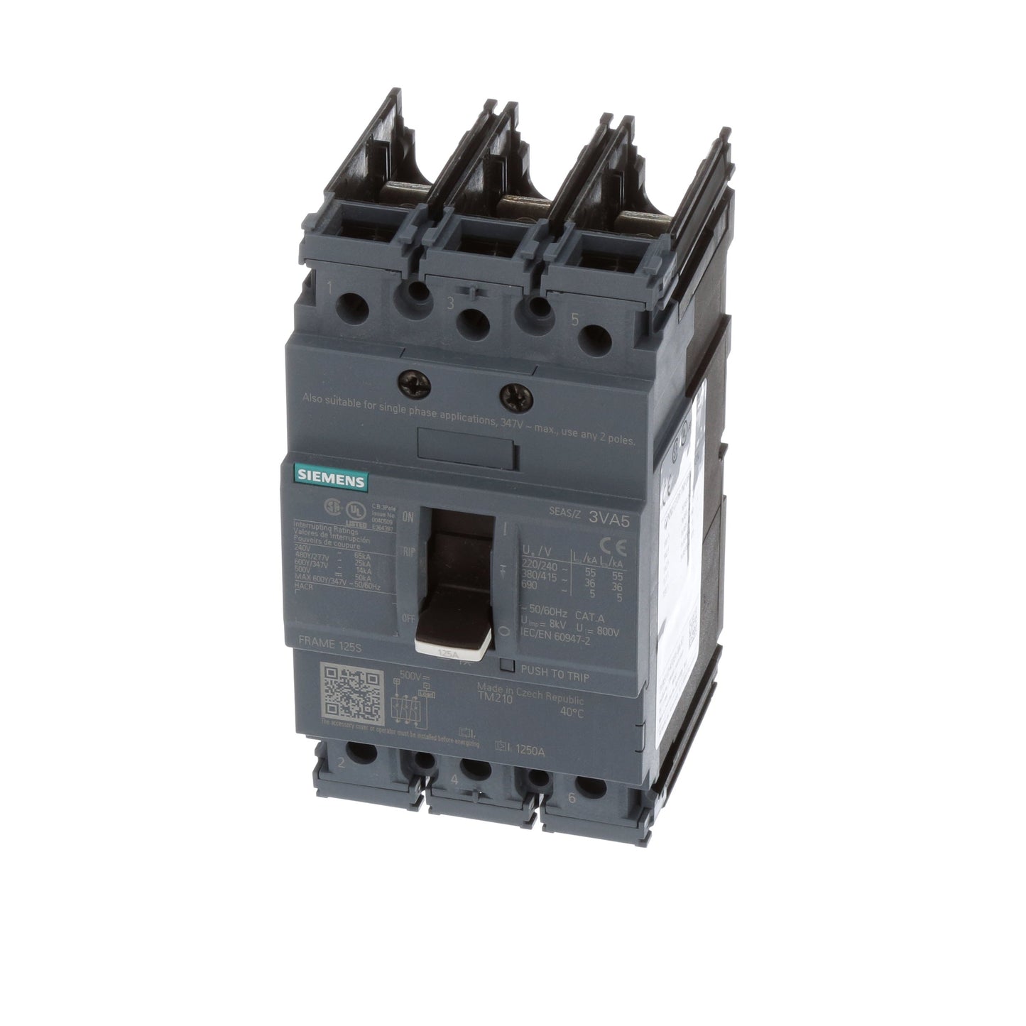 Siemens 3VA51124ED310AA0 Molded Case Circuit Breaker 3-Pole 125A 14kAIC Low Voltage 3VA