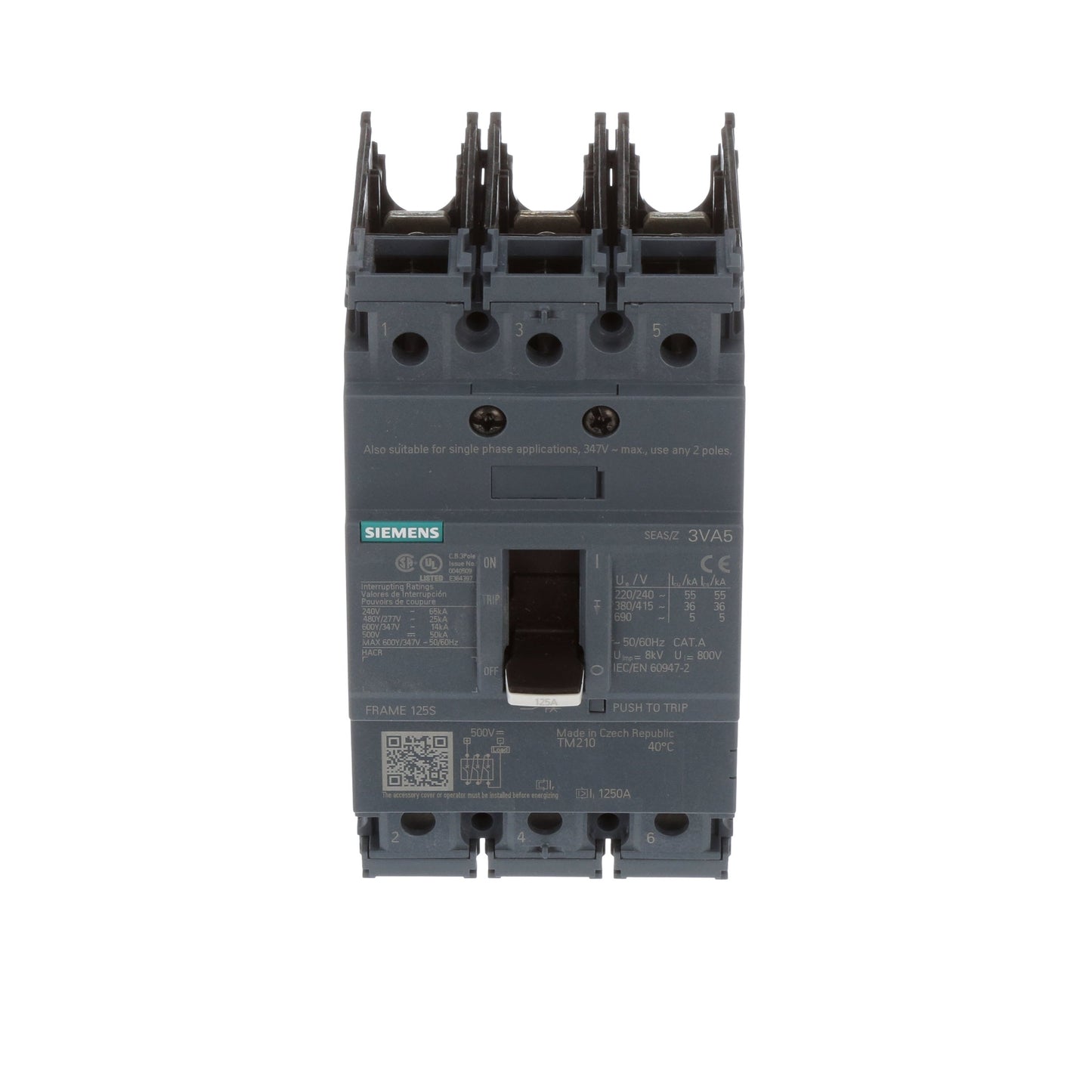 Siemens 3VA51124ED310AA0 Molded Case Circuit Breaker 3-Pole 125A 14kAIC Low Voltage 3VA