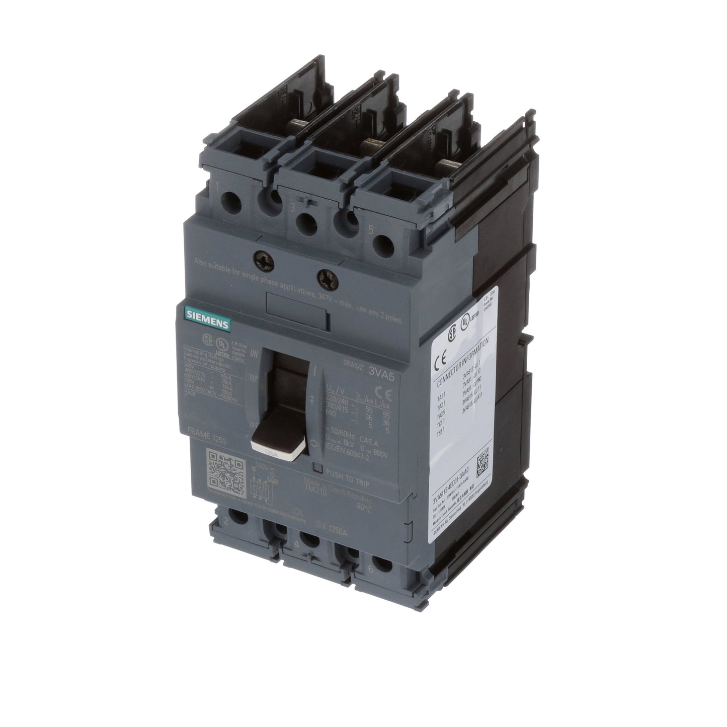 Siemens 3VA51124ED310AA0 Molded Case Circuit Breaker 3-Pole 125A 14kAIC Low Voltage 3VA