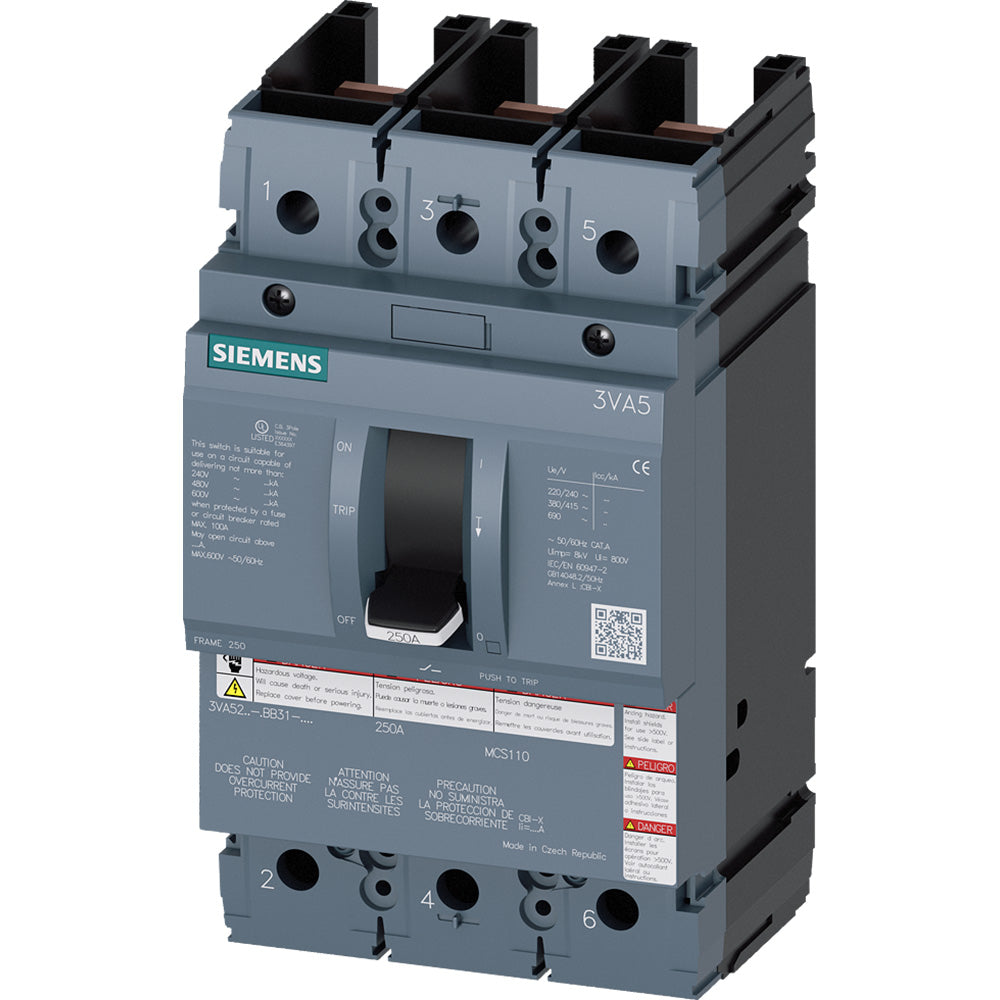 Siemens 3VA5225-1BB31-0AA0 Circuit Breaker | 600V 250A 3P 100kA@480V Feed-Thru Sentron Series
