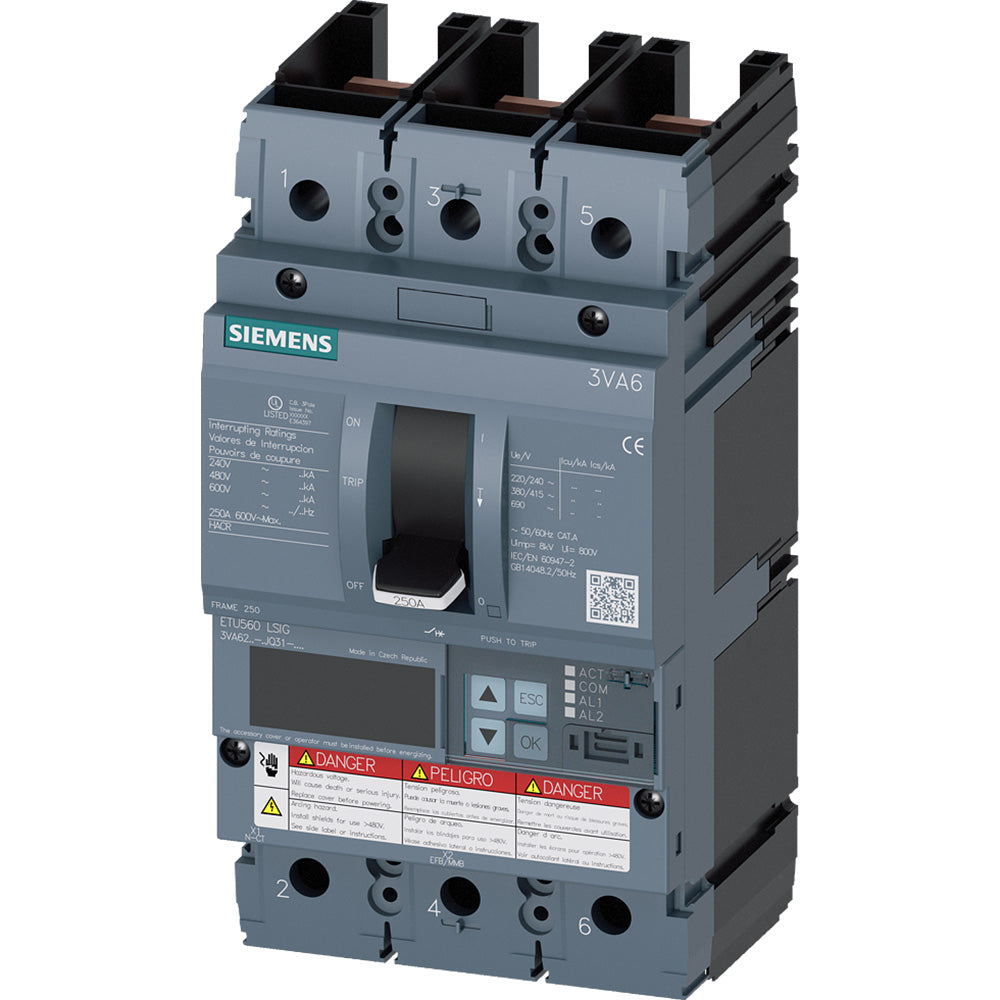 Siemens 3VA6225-5JQ31-0AA0 Circuit Breaker | 600V 250A 4P 35kA@480V Feed-Thru 3VA
