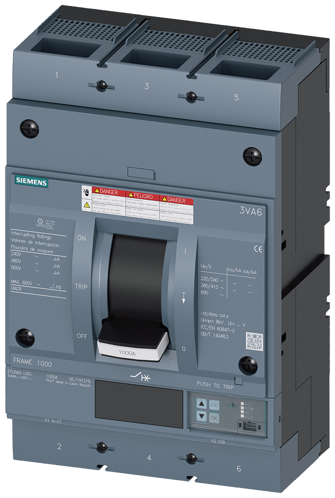 Siemens 3VA6610-6JQ32-0AA0 Molded Case Circuit Breaker 600V 1000A 3P 65kA@480V Bolt-On Sentron 3VA