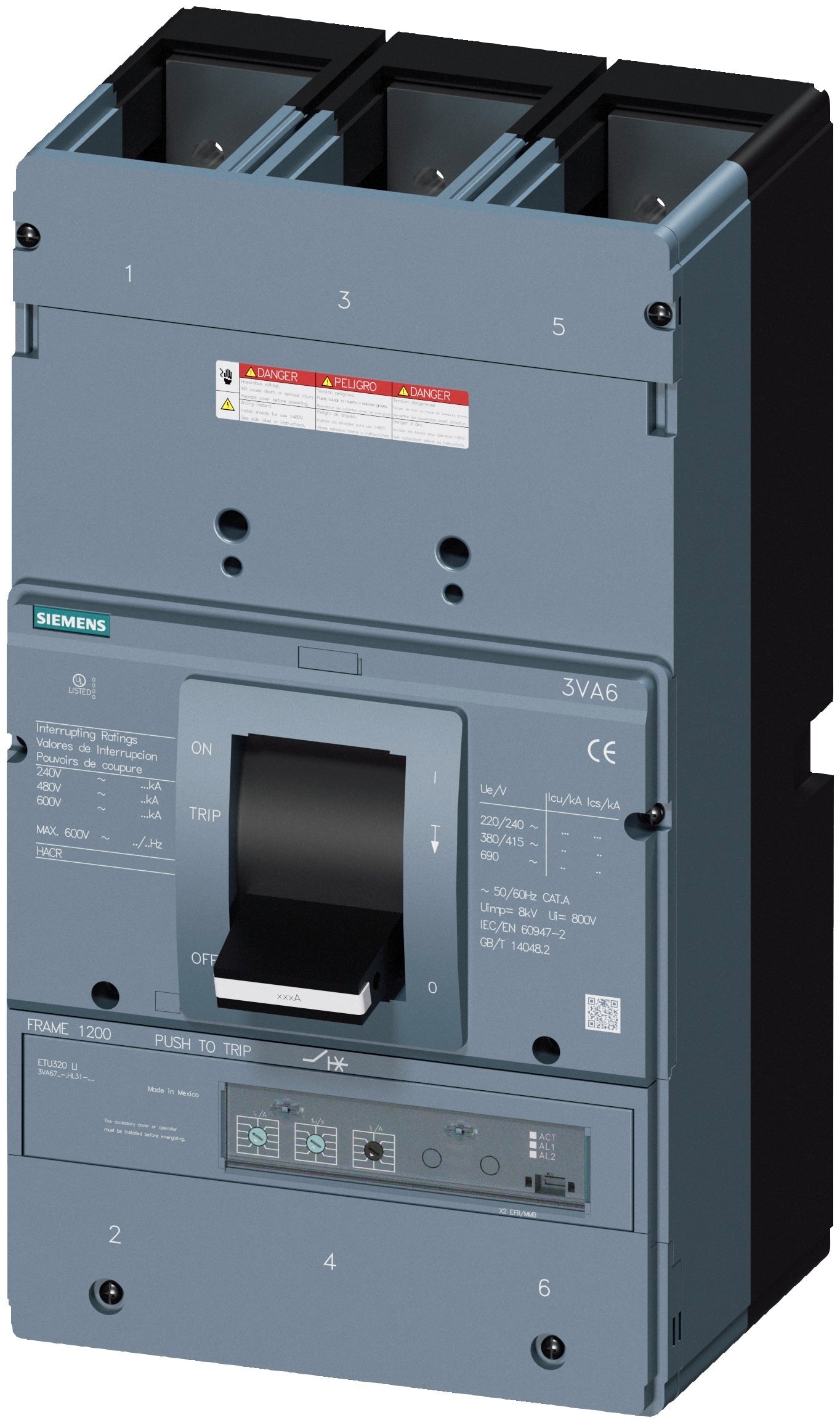 Siemens 3VA6712-6HL31-0AA0 Molded Case Circuit Breaker 600V 1200A 3P 65kA@480V Bolt-On 3VA67