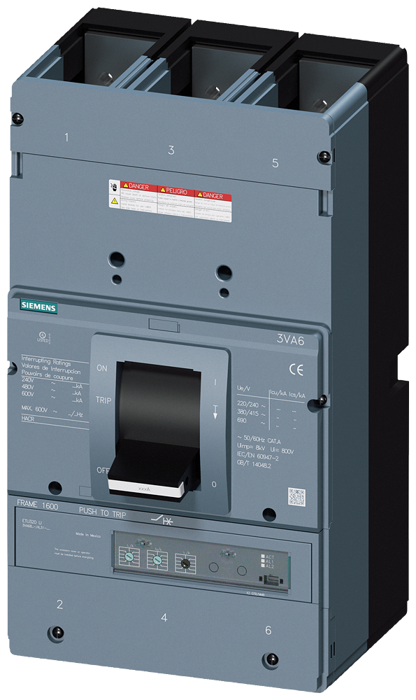 Siemens 3VA6816-6HL31-0AA0 Molded Case Circuit Breaker 600V 1600A 3P 65kA@480V Bolt-On 3VA6