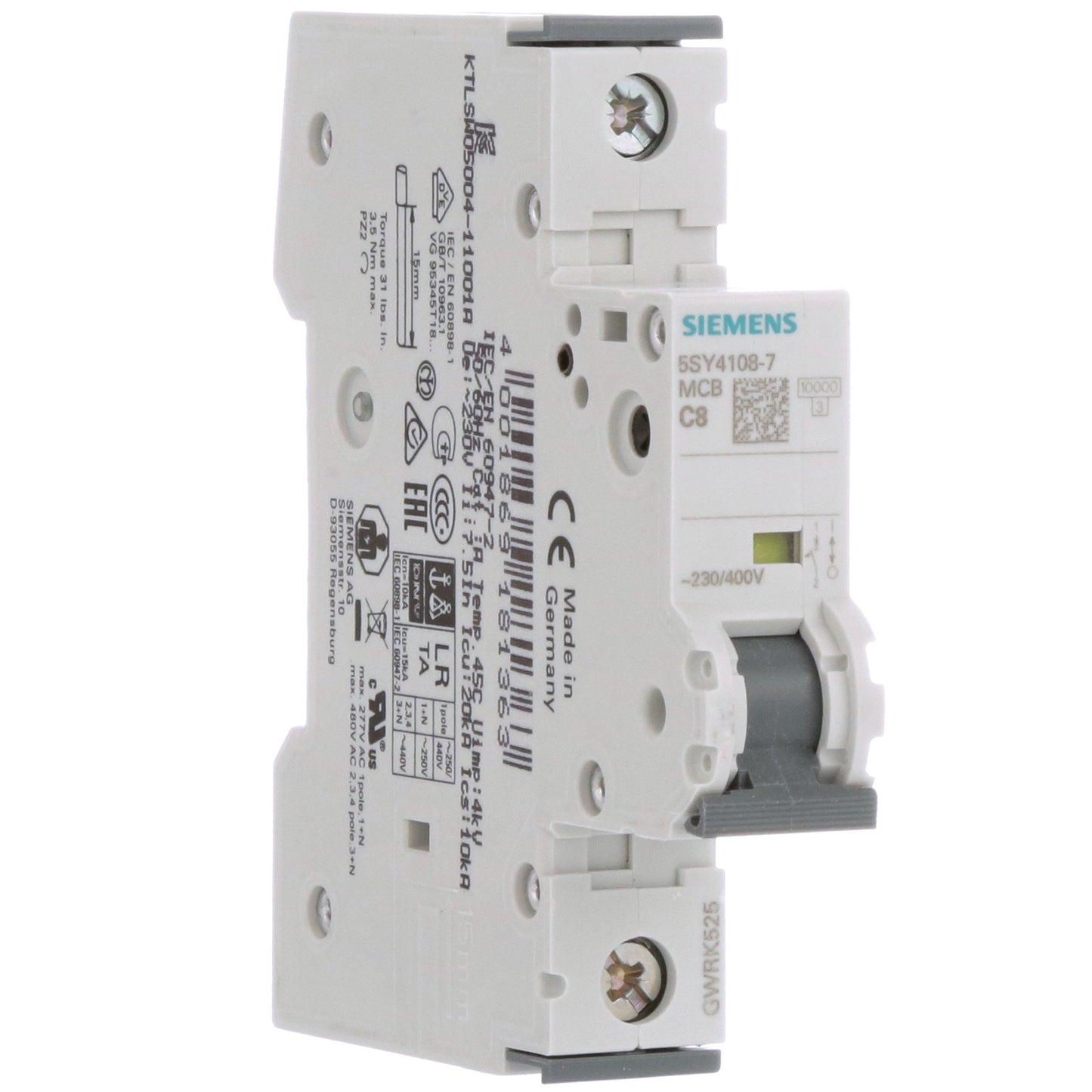 Siemens 5SY4108-7 Circuit Breaker | 1P 400V 1A Thermal Magnetic 5SY Series