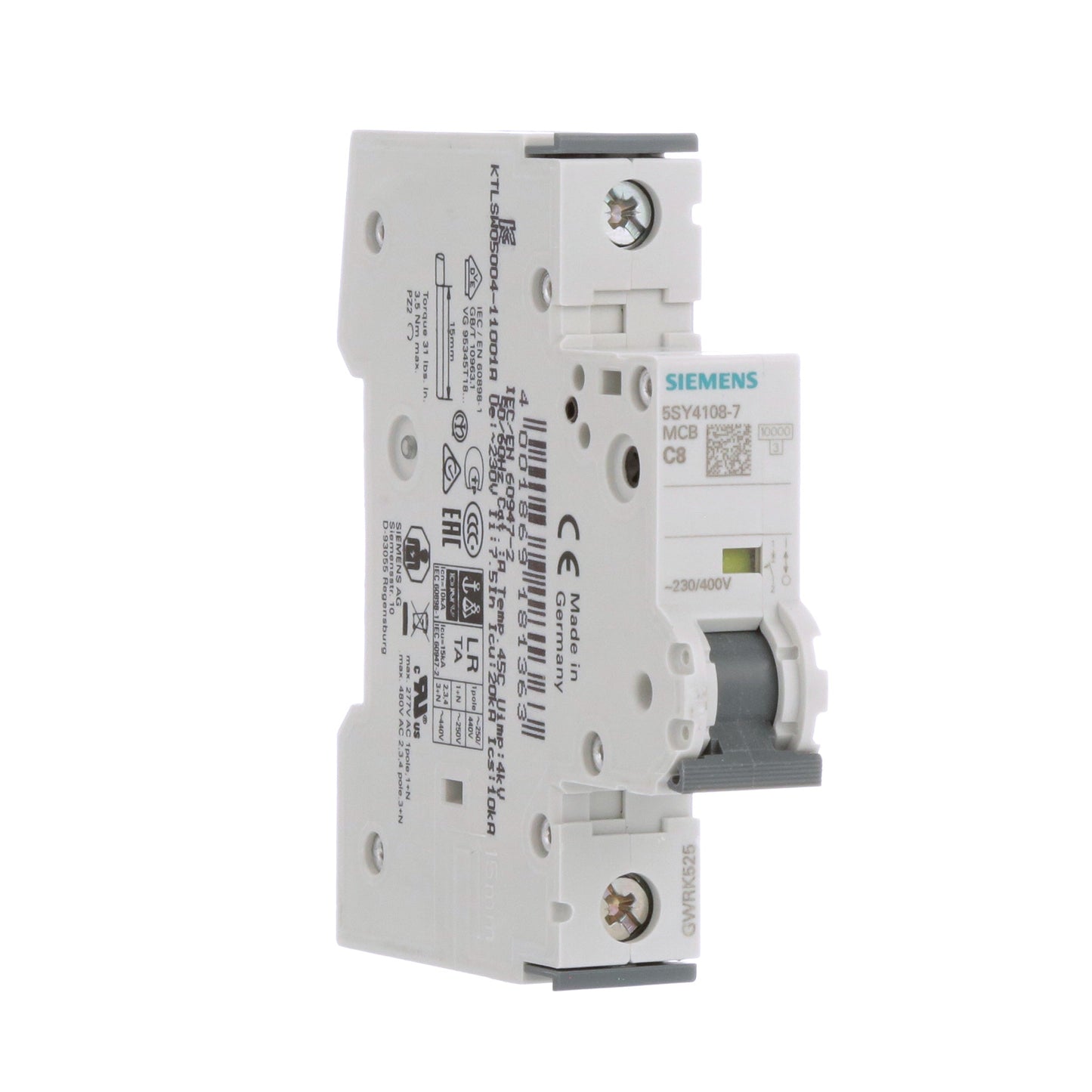 Siemens 5SY4108-7 Circuit Breaker | 1P 400V 1A Thermal Magnetic 5SY Series