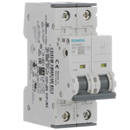 Siemens 5SY4202-7 Circuit Breaker | 400V 2A 2P 10kA@400V Feed-Thru 5SY Series