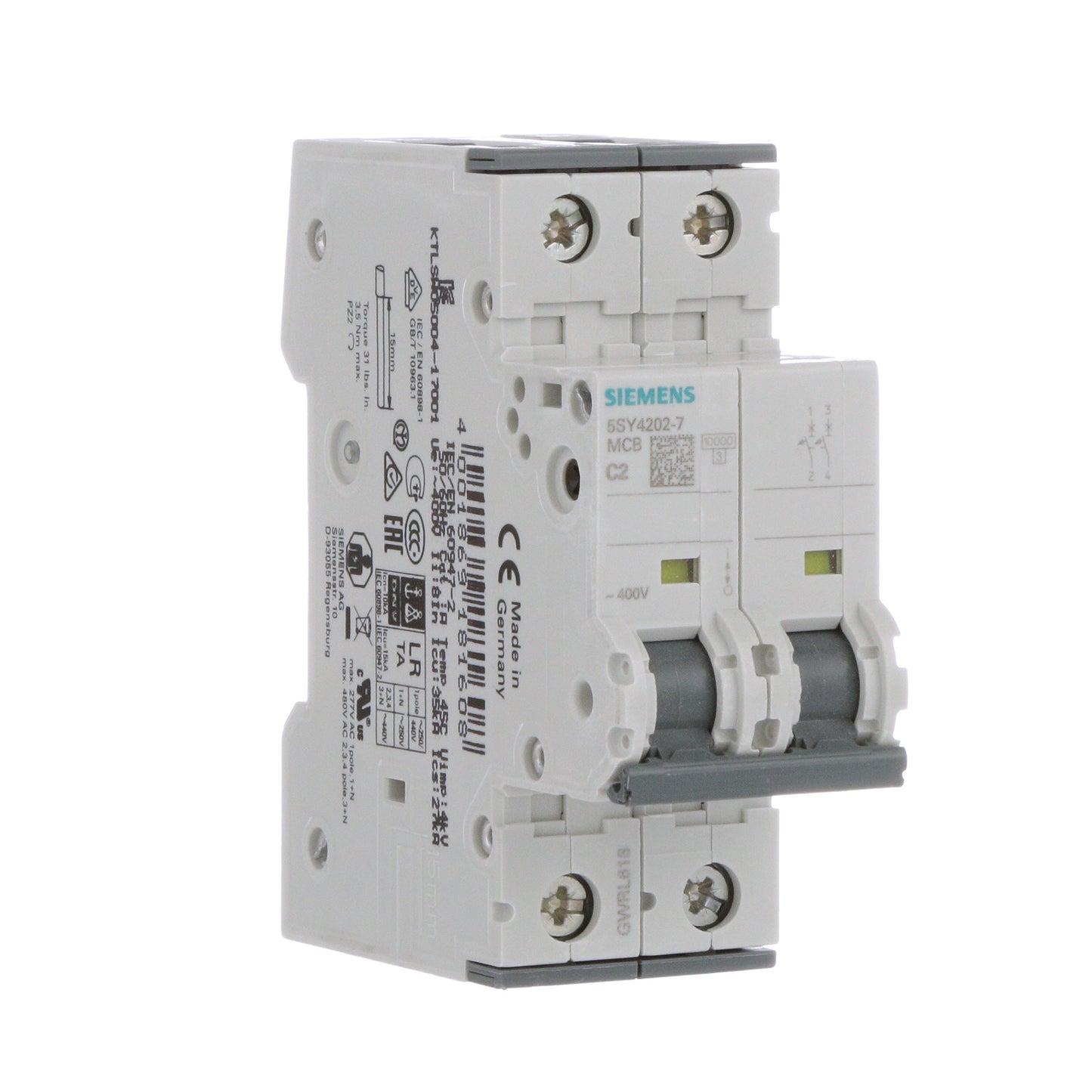Siemens 5SY4202-7 Circuit Breaker | 400V 2A 2P 10kA@400V Feed-Thru 5SY Series