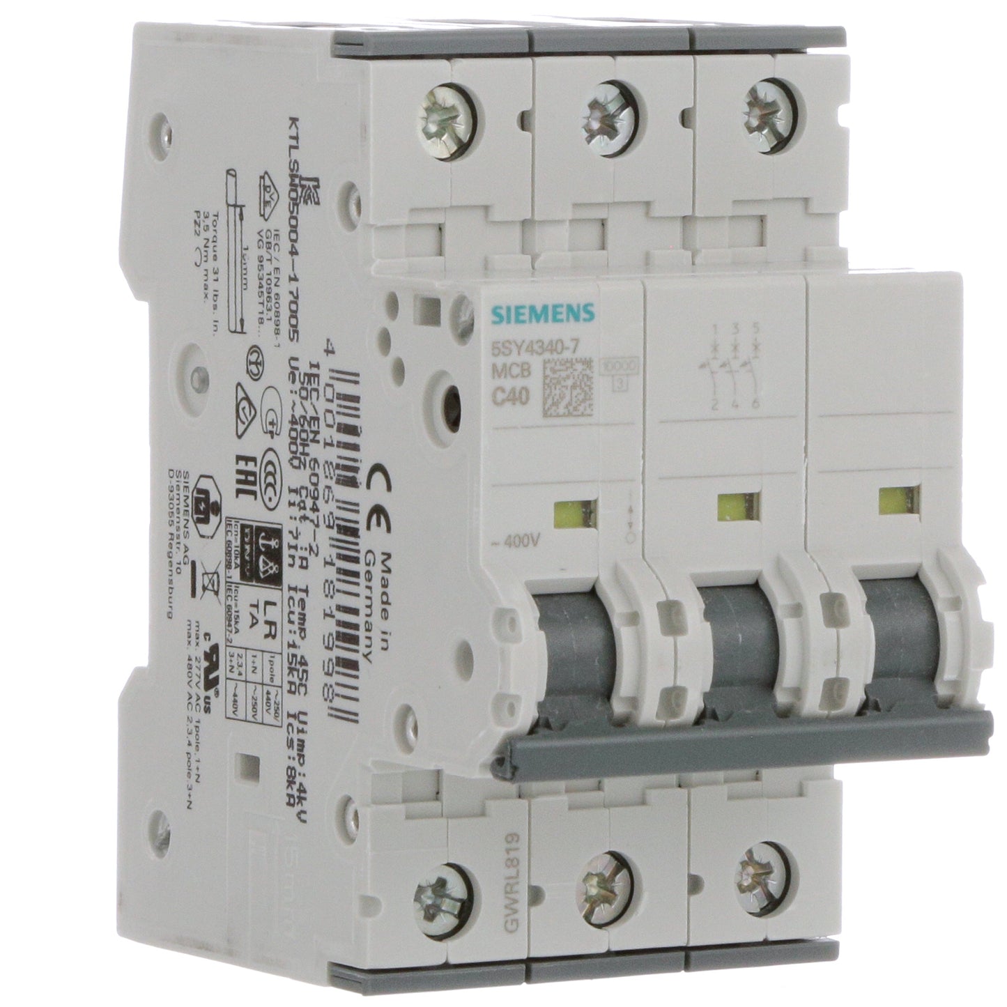 Siemens 5SY4340-7 Circuit Breaker | 400V 40A 3P Thermal Magnetic 5SY Series