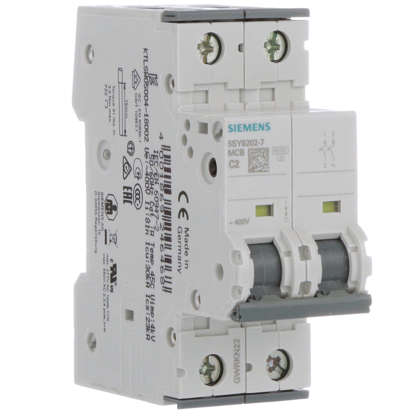Siemens 5SY6202-7 Circuit Breaker | 400V 2A 2P 6kA@400V Feed-Thru Sentron