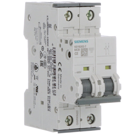 Siemens 5SY6202-7 Circuit Breaker | 400V 2A 2P 6kA@400V Feed-Thru Sentron