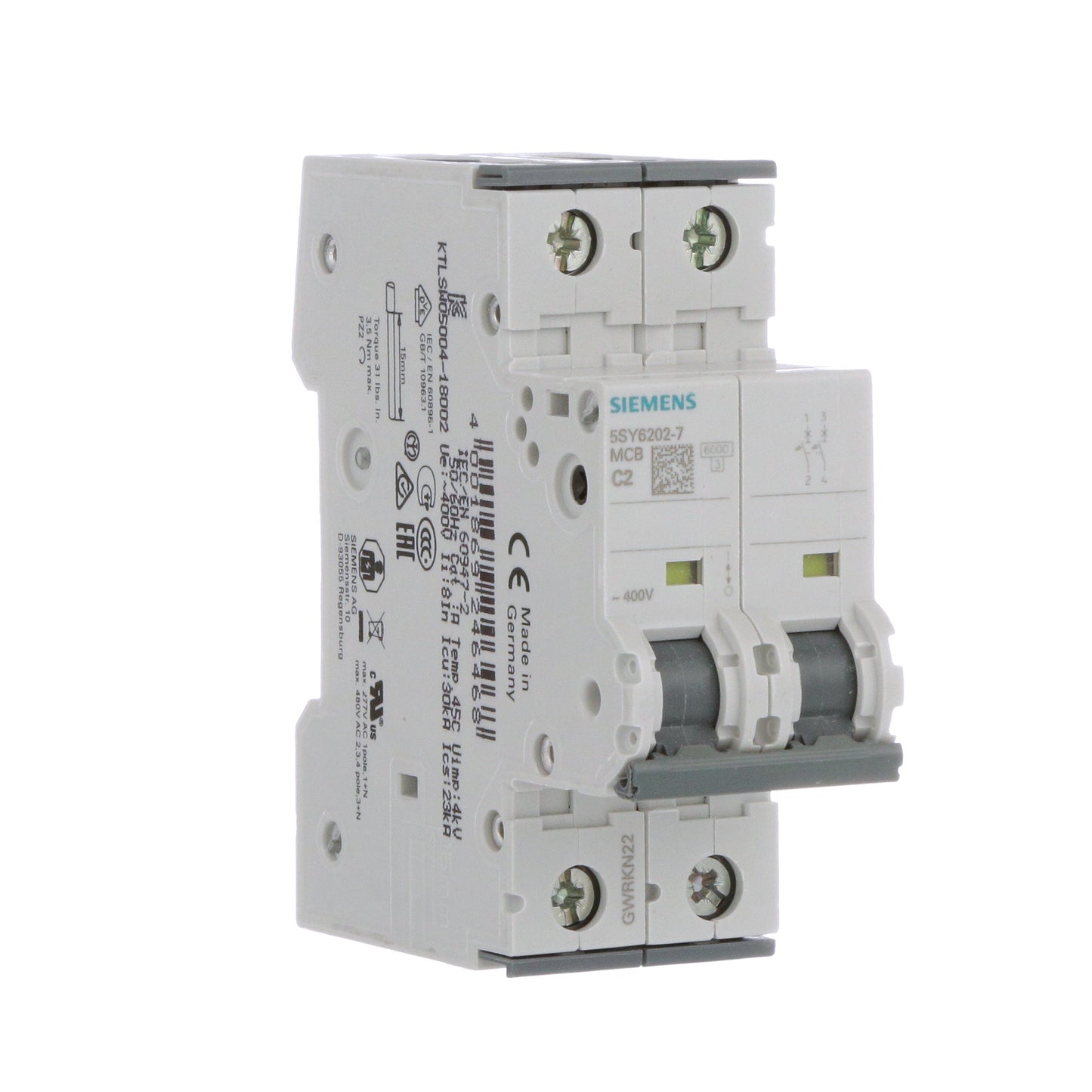 Siemens 5SY6202-7 Circuit Breaker | 400V 2A 2P 6kA@400V Feed-Thru Sentron