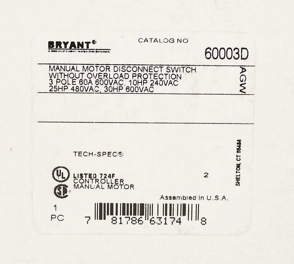 BRYANT 60003D DISC SW | 50A 600V 3P