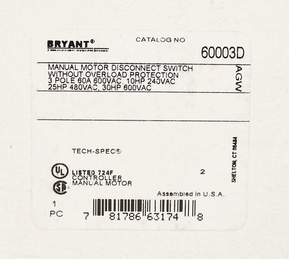 BRYANT 60003D DISC SW | 50A 600V 3P