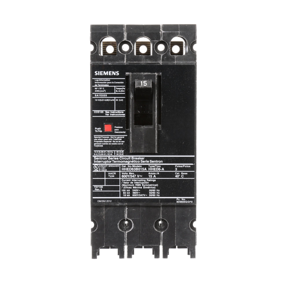 HHED63B015A - SIemens Bolt-On 15 Amp 3 Pole Circuit Breaker - Essential Electric Supply
