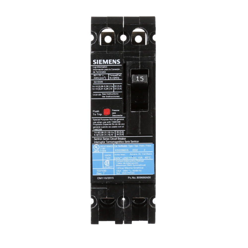 ED22B015 - SIemens Bolt-On 15 Amp 2 Pole Circuit Breaker - Essential Electric Supply