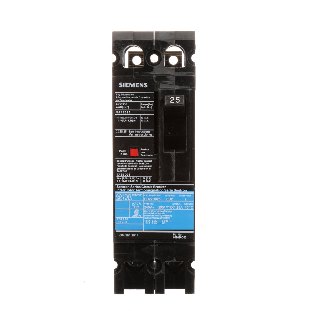ED22B025 - SIemens Bolt-On 25 Amp 2 Pole Circuit Breaker - Essential Electric Supply