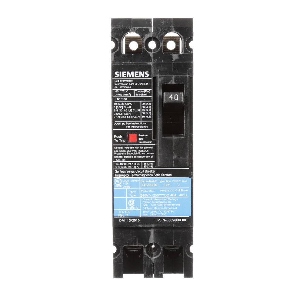 ED22B040 - SIemens Bolt-On 40 Amp 2 Pole Circuit Breaker - Essential Electric Supply