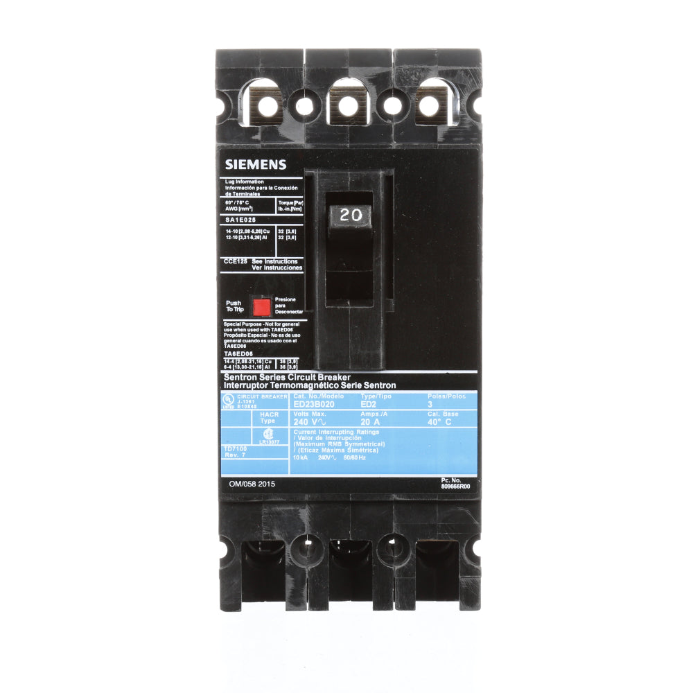 ED23B020 - SIemens Bolt-On 20 Amp 3 Pole Circuit Breaker - Essential Electric Supply