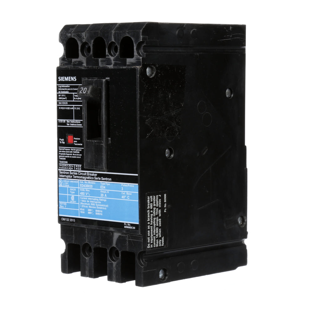 ED43B020 - SIemens Bolt-On 20 Amp 3 Pole Circuit Breaker - Essential Electric Supply