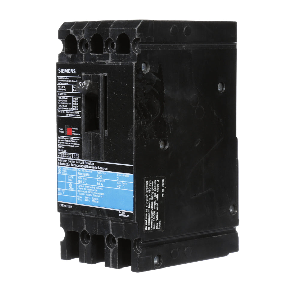 Siemens ED43B050 Molded Case Circuit Breaker | 480V 50A 3P 18kA@480V Lug In Panelboard Sentron Series