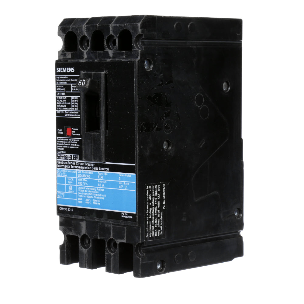 ED43B060 - SIemens Bolt-On 60 Amp 3 Pole Circuit Breaker - Essential Electric Supply