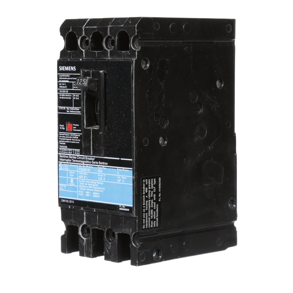 Siemens ED43B125 Circuit Breaker | 480V 125A 3P 18kA@480V Sentron Series