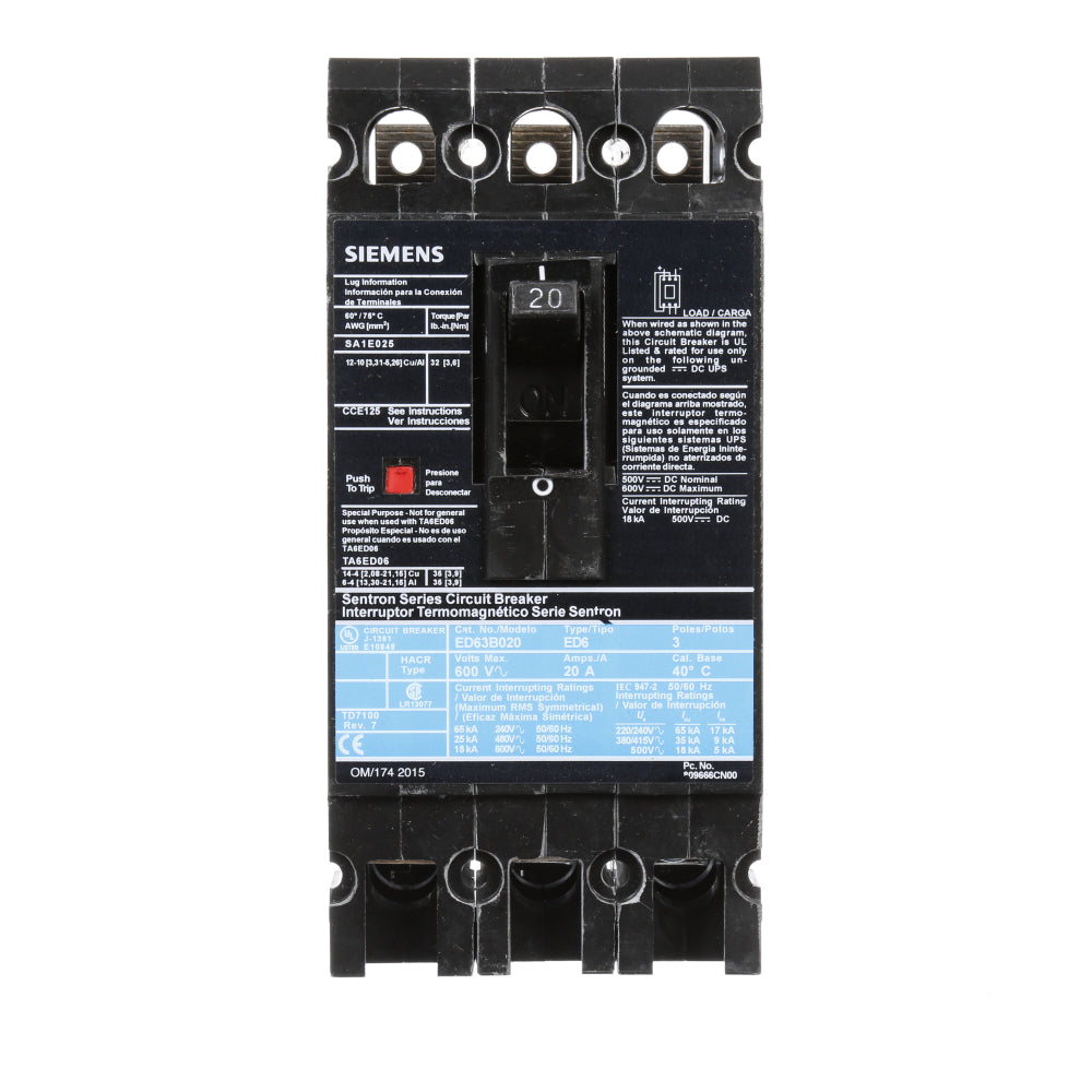 ED63B020 - SIemens Bolt-On 20 Amp 3 Pole Circuit Breaker - Essential Electric Supply