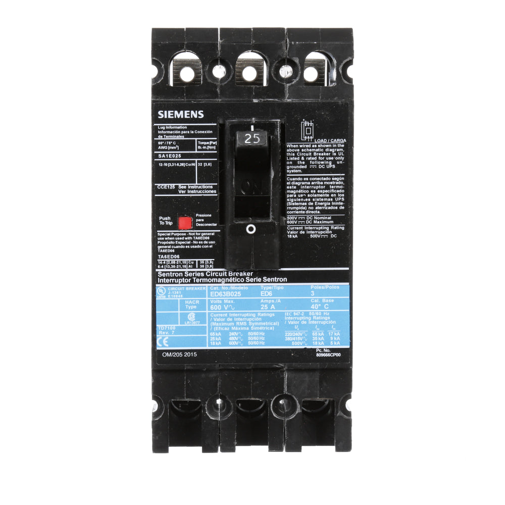 ED63B025 - SIemens Bolt-On 25 Amp 3 Pole Circuit Breaker - Essential Electric Supply