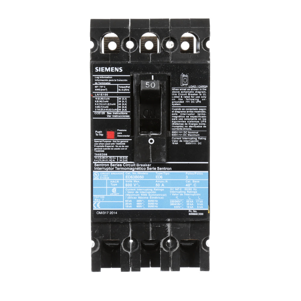 ED63B050 - SIemens Bolt-On 50 Amp 3 Pole Circuit Breaker - Essential Electric Supply