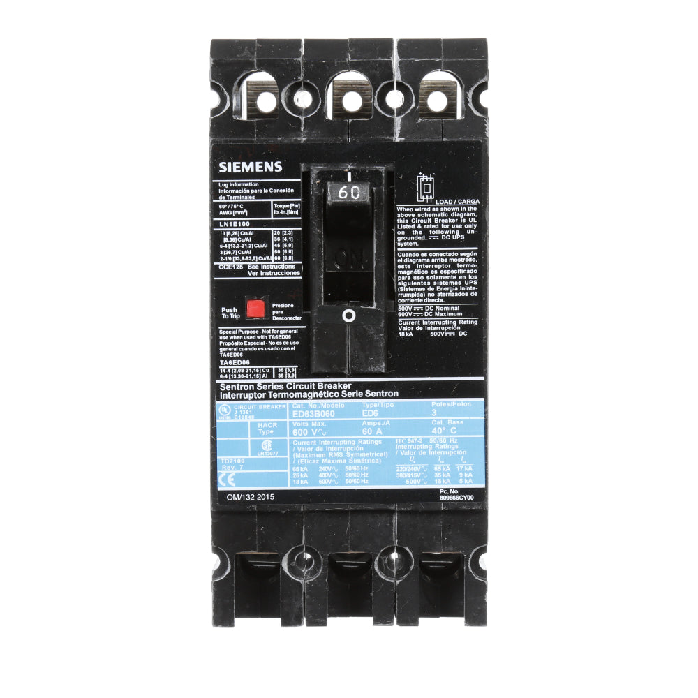 ED63B060 - SIemens Bolt-On 60 Amp 3 Pole Circuit Breaker - Essential Electric Supply