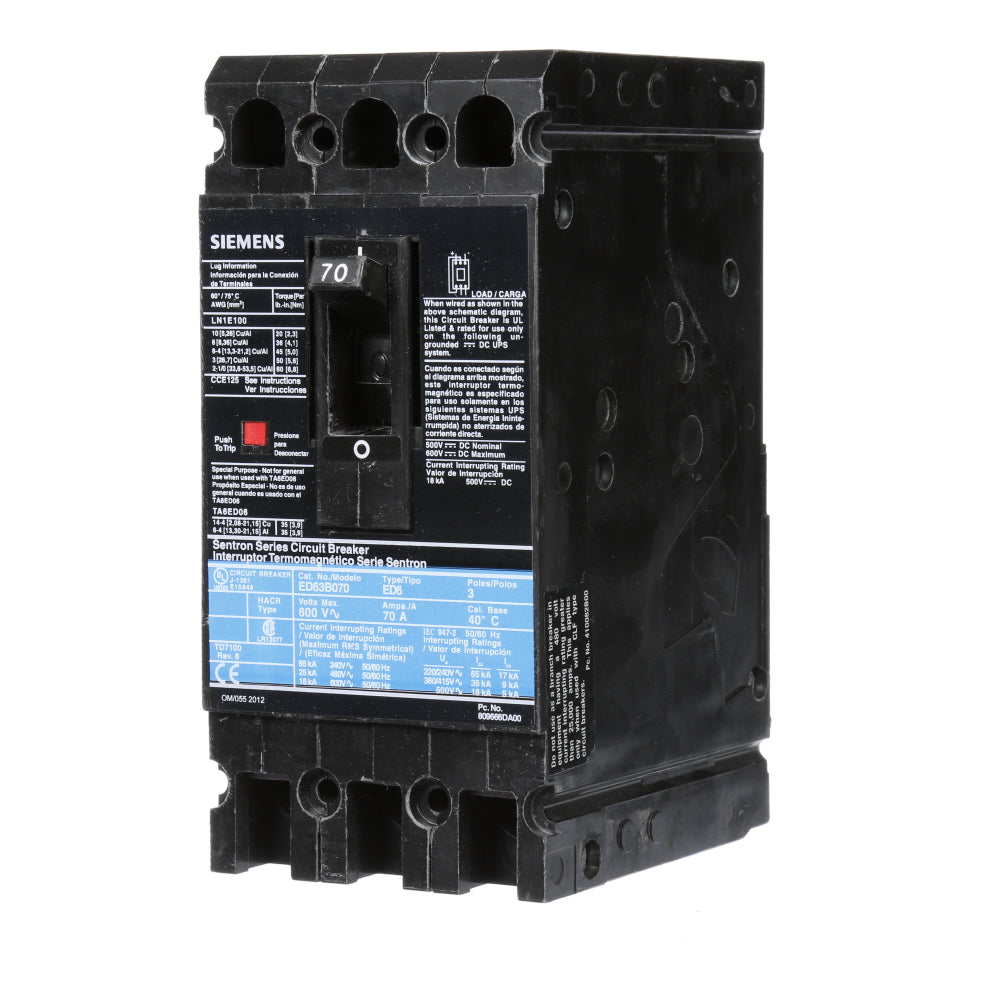 ED63B070L - SIemens Feed-Thru 70 Amp 3 Pole Circuit Breaker - Essential Electric Supply