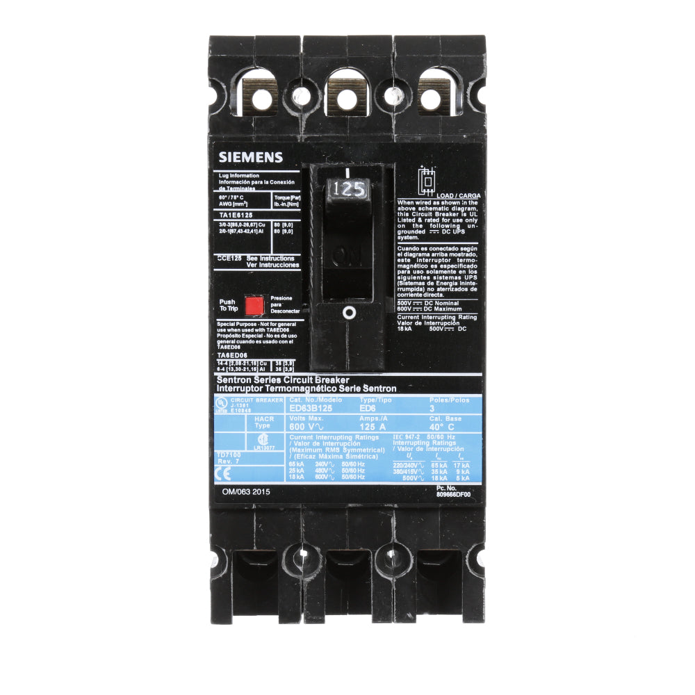 ED63B125 - SIemens Bolt-On 125 Amp 3 Pole Circuit Breaker - Essential Electric Supply