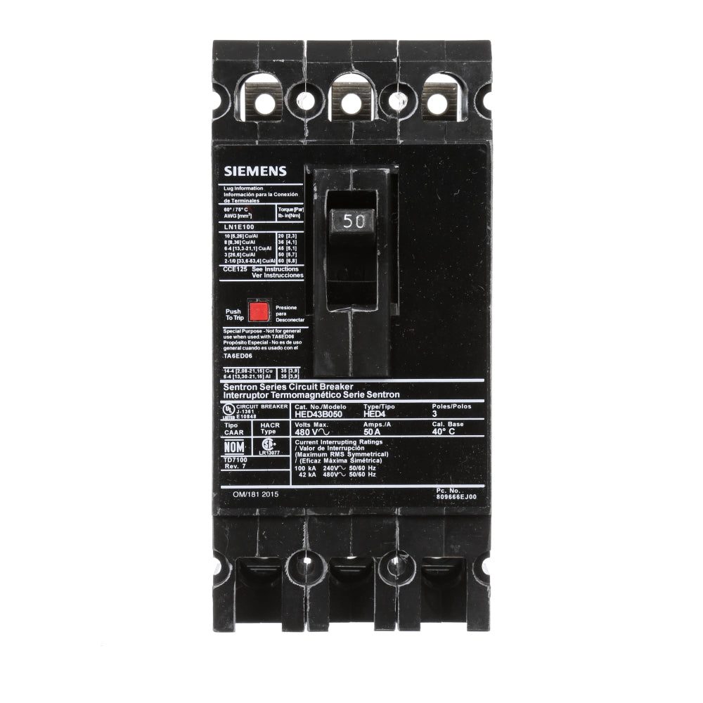 Siemens HED43B050 Molded Case Circuit Breaker | 480V 50A 3P 42kA@480V Lug In Panelboard Sentron Series
