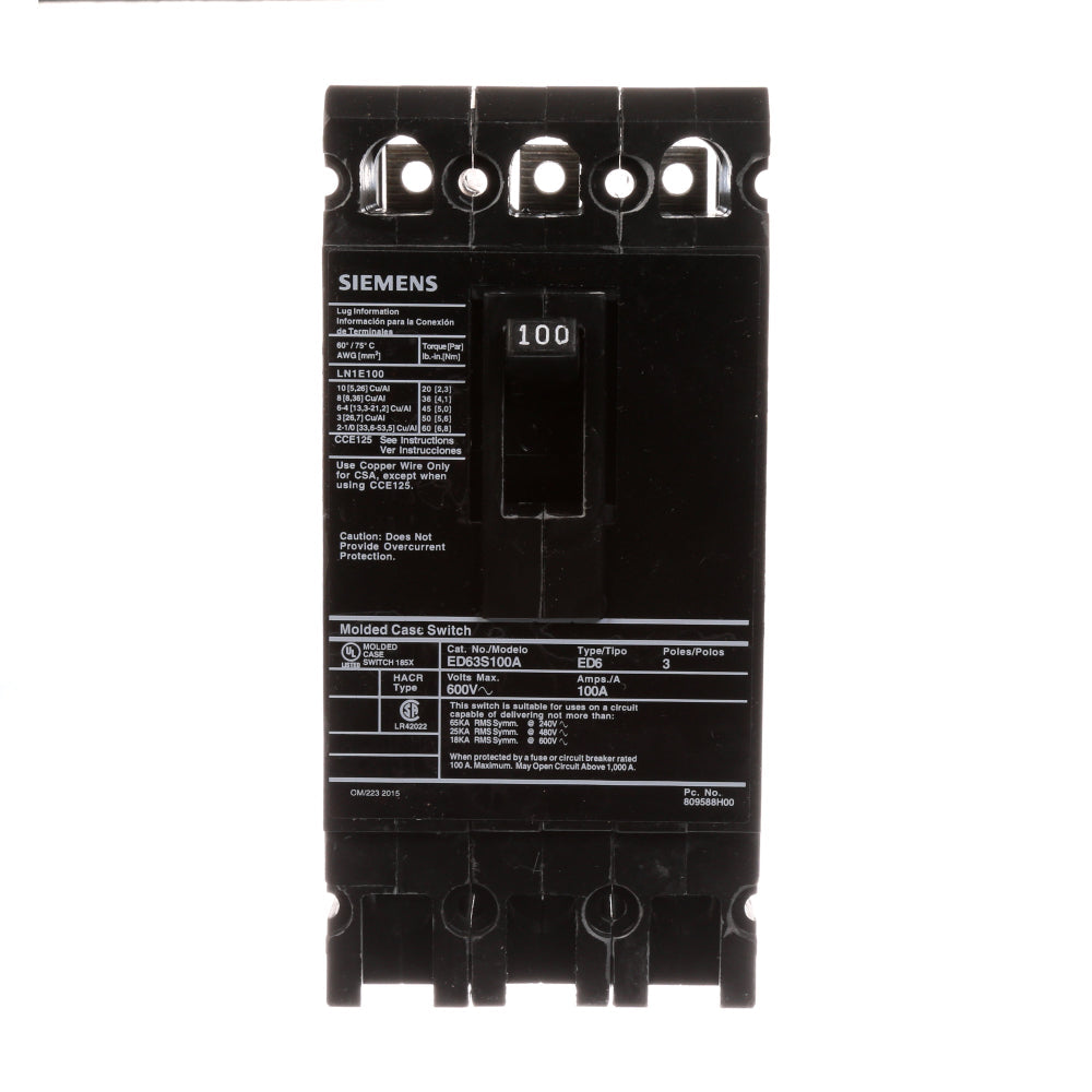 ED63S100A - SIemens Bolt-On 100 Amp 3 Pole Circuit Breaker - Essential Electric Supply