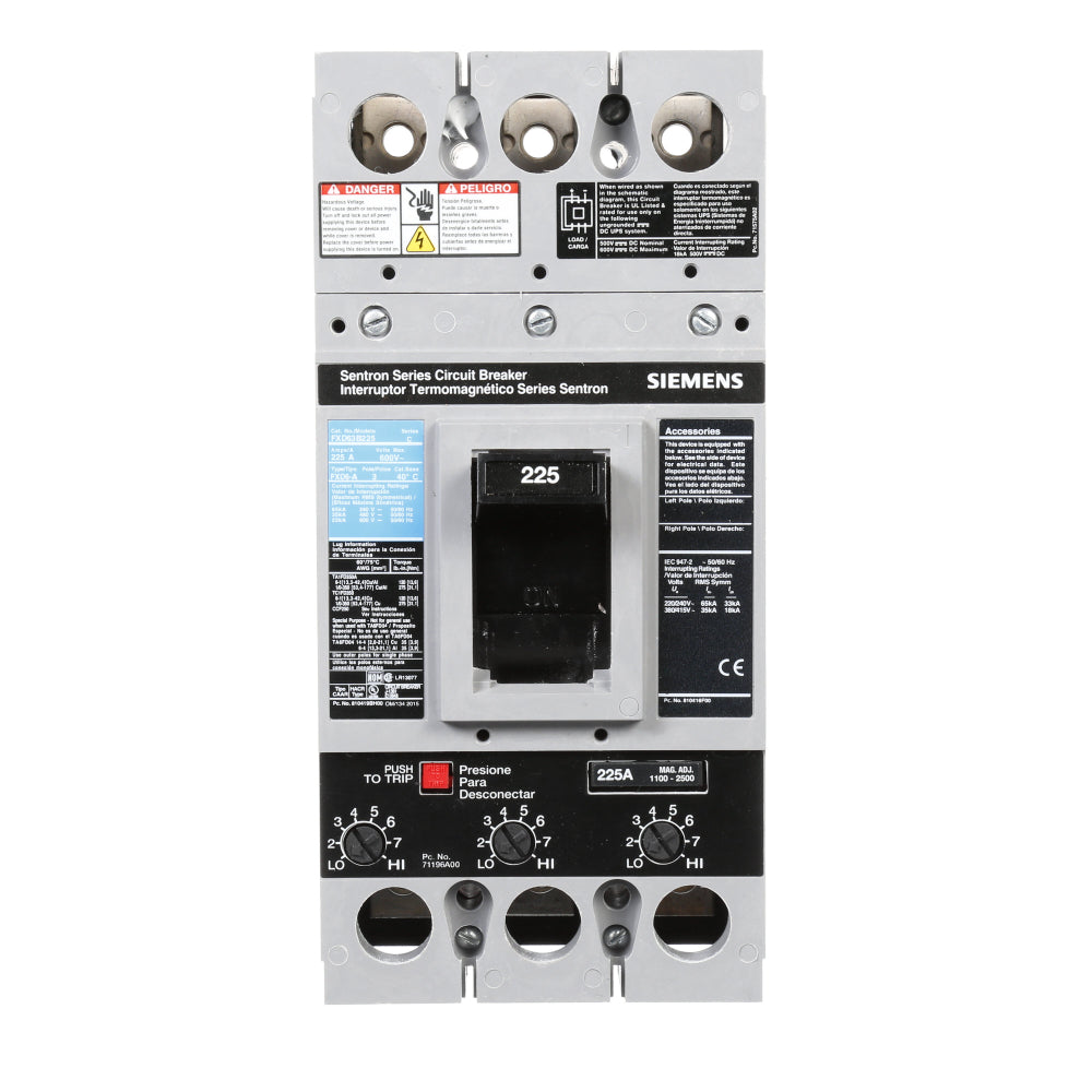 Siemens FXD63B225 Molded Case Circuit Breaker | 600V 225A 3P 35kA@480V Bolt-On Sentron Series